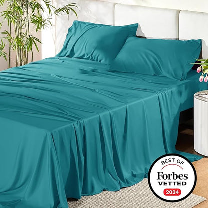 Bedsure Queen Sheet Set, Rayon Derived from Bamboo, Cooling Sheets, Breathable & Soft, Deep Pocket Up to 16 Inches, Hotel Luxury Silky Bedding for Hot Sleepers, Turquoise