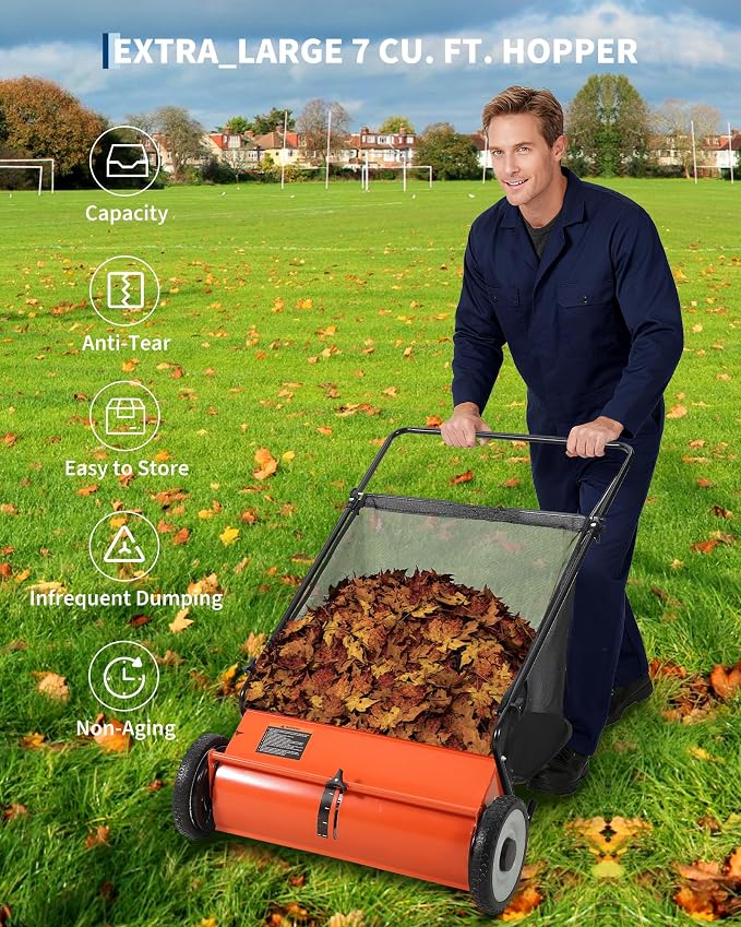 26-Inch Push Lawn Sweeper, 7 Cu. Ft. Hopper Capacity Leaf & Grass Collector - Image 7