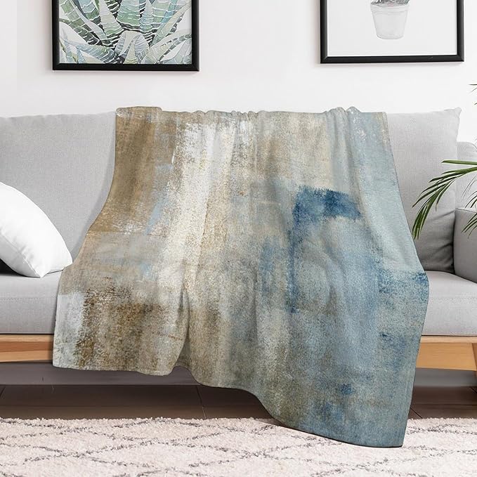 Abstract Gradient Blanket, Modern Fashion Art Blue Grey Brown Painting Strokes Pattern Soft Warm Cozy Plush Flannel Covers for Livingroom Bedroom Couch Chair Camping Travel Home Decor Tapestry 30x40in