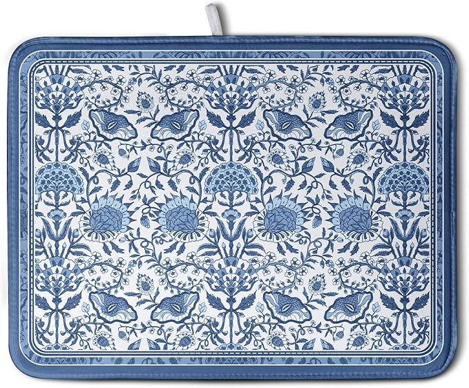 Blue Floral Dish Drying Mat for Kitchen Counter Boho Flowers Dishes Drainer by Wnoesat