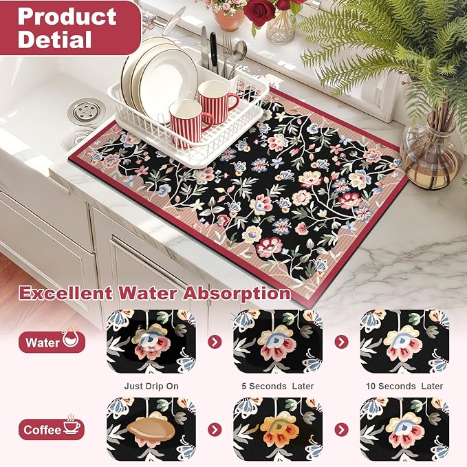 LOKHOM Floral Dish Drying Mat, Cuttable Hide Stain Drying Mat - Image 3