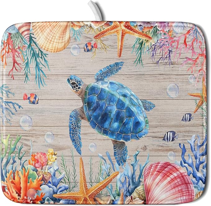 Sea Turtle Dish Drying Mat 16x18 inch Tropical Ocean Fast Dry Absorbent by Giwawa