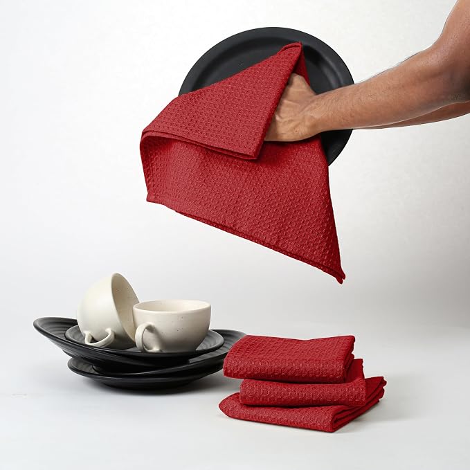 Red Waffle Kitchen Towels, 16x26 Inch, 100% Cotton, Quick Drying, Machine - Image 5