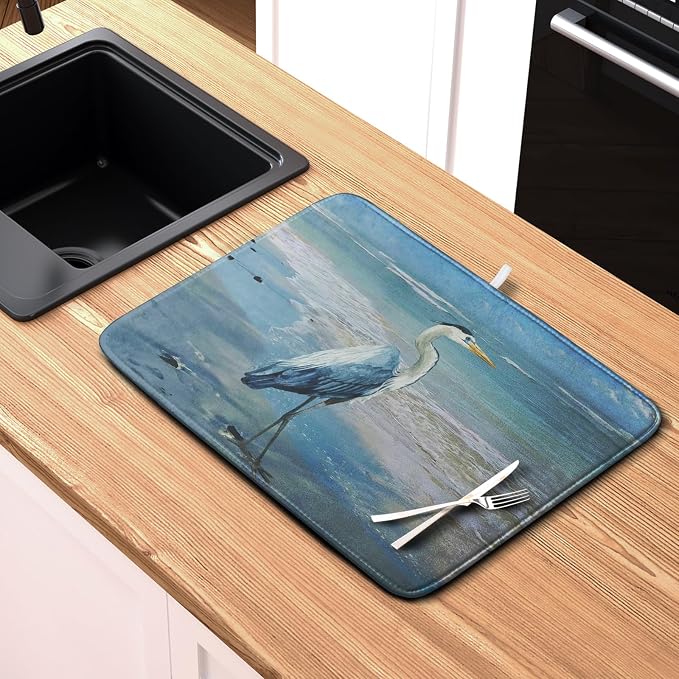 Summer Blue Dish Drying Mat for Kitchen Counter 18x24 Inch Heron Coastal Beach - Image 6