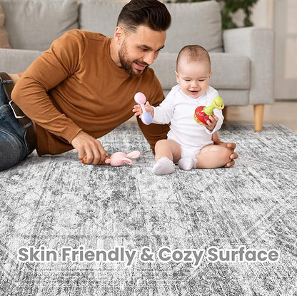 Vintage Living Room Area Rug 6x9 - Large Soft Washable Oriental Traditional Distressed Farmhouse Rugs for Bedroom - Indoor Floor Accent Carpet for Home Office House Decor - Distressed Grey