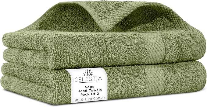 100% Cotton Hand Towel Set of 2, Sustainable, Highly Absorbent, Quick Drying by VillaCelestia