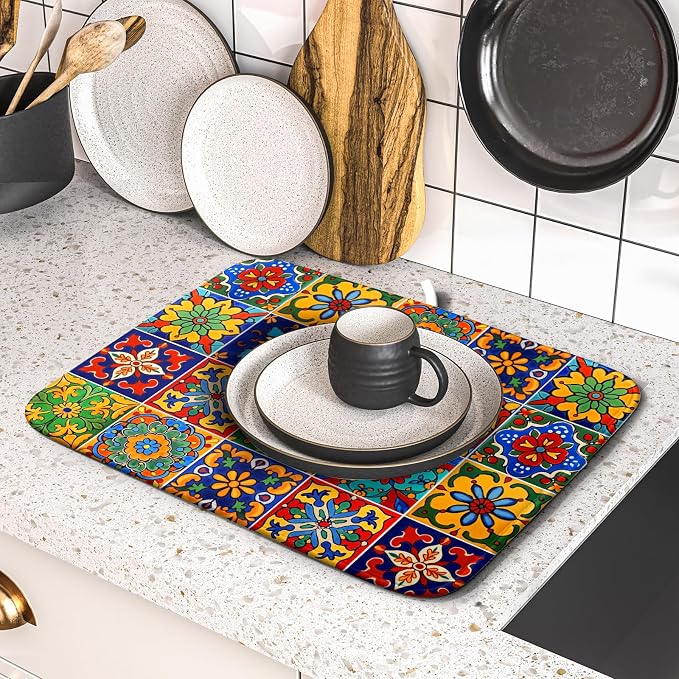 Mexican Tiles Dish Drying Mat for Kitchen Counter Absorbent Microfiber Dish - Image 5