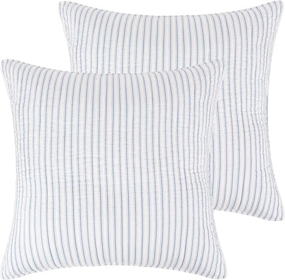 Levtex Home - Tobago Stripe Blue - Quilted Taupe and White Shams Set of Two (26x26in.), No Insert - Pin Stripe - Cotton Fabric