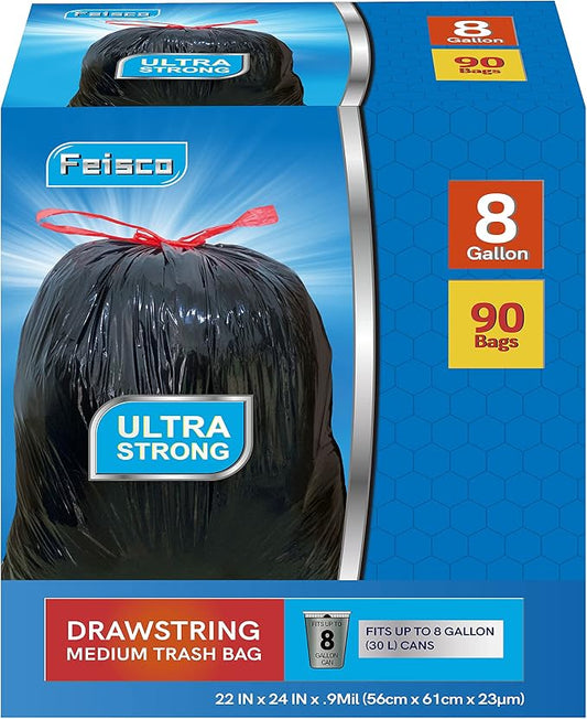 Feisco 8 Gallon Black Trash Bag, 30L Drawstring Garbage Bag Trash Can Liner - Image 2