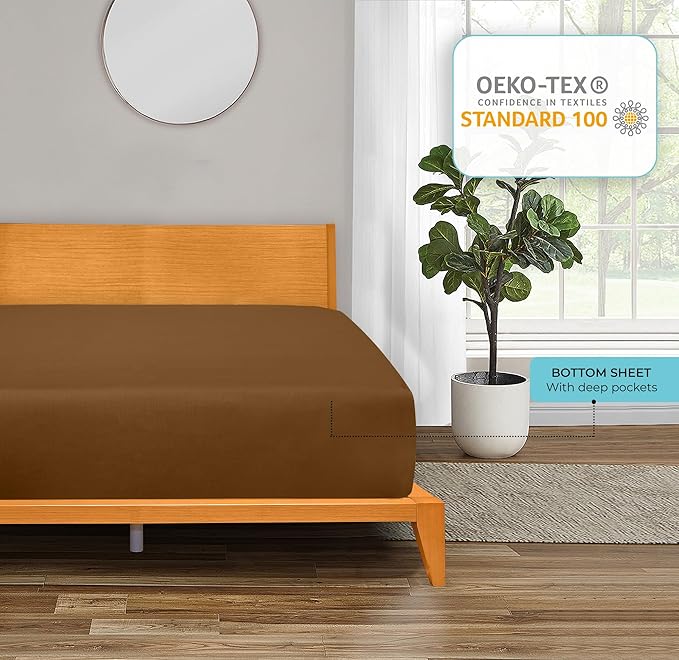 ROYALE LINENS 300 Thread Count 100% Long Staple Combed Cotton Fitted Sheet King - Super Soft Deep Pocket Bottom Sheet - Fitted Sheets Only - Elastic Sheets (King, Chocolate)