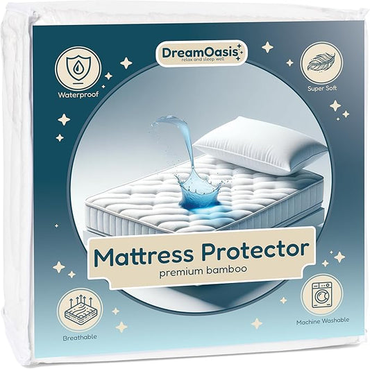 DreamOasis Waterproof Mattress Protector Full Size - Premium Bamboo Viscose, Super Soft, Breathable, Machine Washable, Noiseless Bed Mattress Cover - White