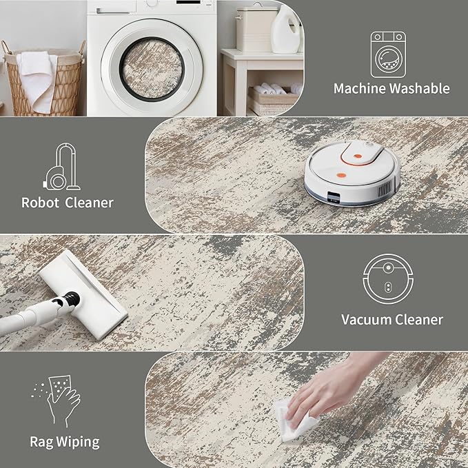 Ciicool Abstract Area Rug Indoor, 3x5 Washable Entryway Rug, Modern Soft Throw Rug with Non-Slip Backing for Bedroom Living Room Entrance Kitchen, Non-Shedding Low-Pile Floor Carpet Doormat Grey Beige