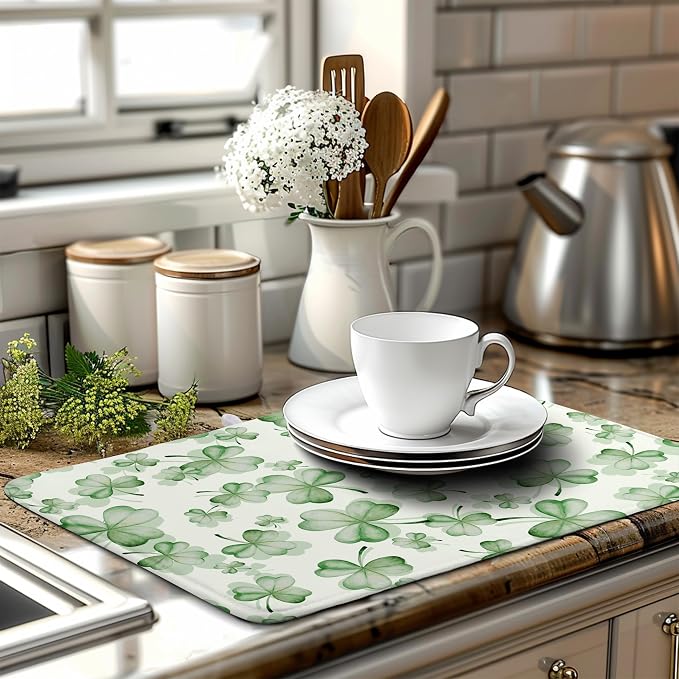 Green Clover Kitchen Drying Mat St Patrick's Day Lucky Shamrock Dish Drying - Image 6