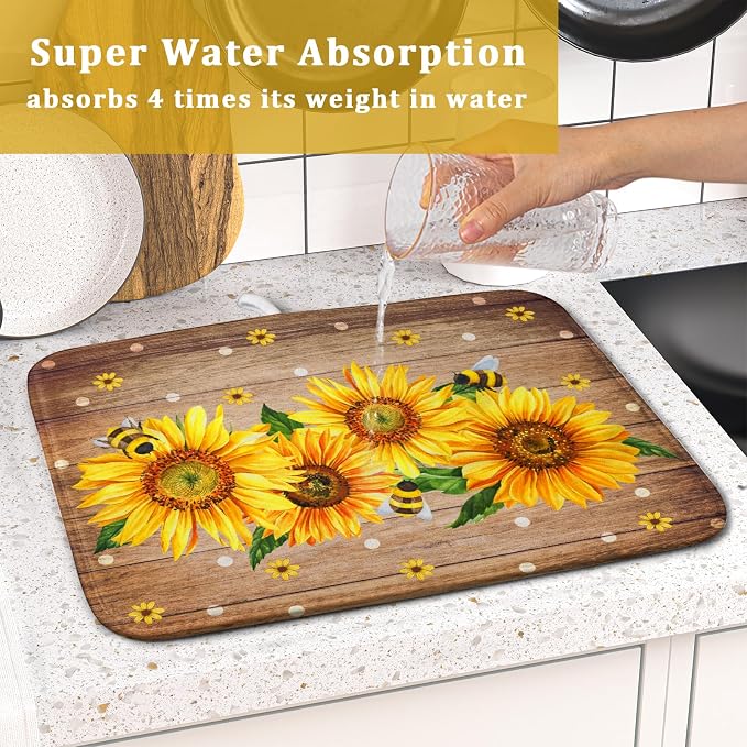 Sunflower Bee Dish Drying Mat for Kitchen Counter Home 16x18 Inch Wood Barn - Image 7