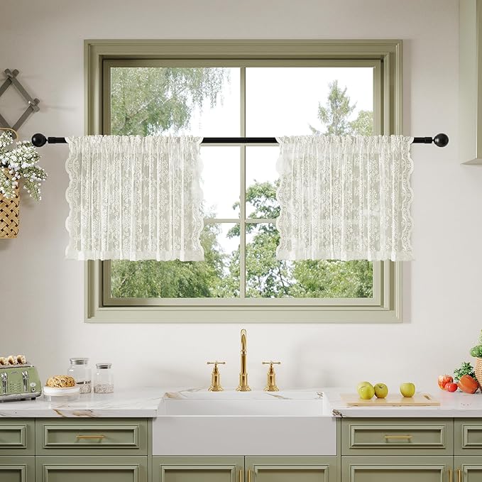Anmao Vintage Lace Kitchen Curtains 18 Inches Long 2 Panels, Romantic Semi Sheer Floral Over Sink Lacy Cafe Curtain, Elegant Window Short Small Drapes, 55W x 18L, Ivory