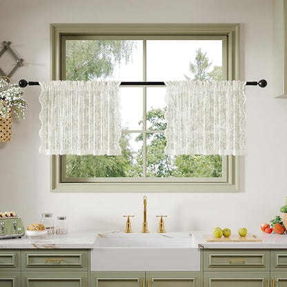 Anmao Vintage Lace Kitchen Curtains 18 Inches Long 2 Panels, Romantic Semi Sheer Floral Over Sink Lacy Cafe Curtain, Elegant Window Short Small Drapes, 55W x 18L, Ivory