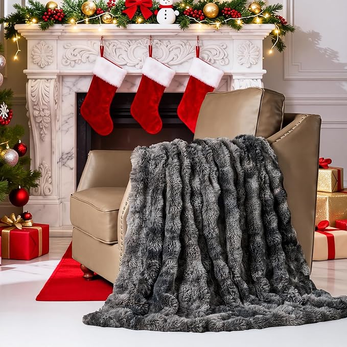 Lotus Karen Faux Fur Blanket Tie-Dye Dark Gray Twin Size - Big Bubble Rabbit Fluff Throw for Couch Small Fluffy Fuzzy Cozy Thick Furry Plush Shaggy Blankets 90x90 Inches