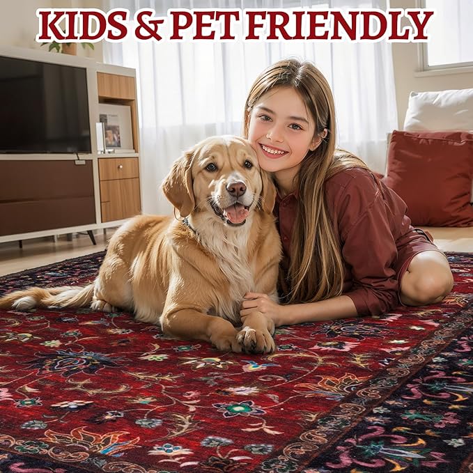 Tangsoo 2x3 Washable Rugs for Entryway, Vintage Floral Rug Red Small Area Rug Non-Slip Soft Low Pile, Small Carpet Door Mat, Front Door Indoor Throw Rugs for Entrance Kitchen Entry