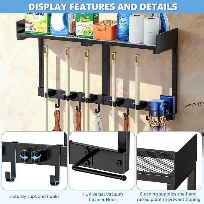 Broom Holder Wall Mount, Heavy Duty Iron Utility Rack - Image 5