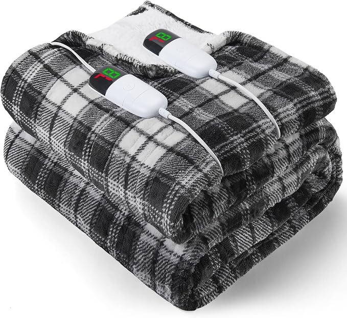 OCTROT Heated Electric Blanket Queen Size, 84X90 Heating Blanket Queen with Dual Control&10 Heats Levels&Timer for Bed,Black Plaid Sherpa Large Blankets Warmer Gift for Grandma Women Adults, Washable