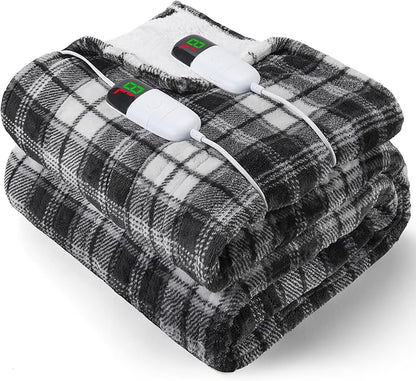 OCTROT Heated Electric Blanket Queen Size, 84X90 Heating Blanket Queen with Dual Control&10 Heats Levels&Timer for Bed,Black Plaid Sherpa Large Blankets Warmer Gift for Grandma Women Adults, Washable