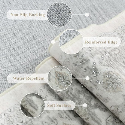 LIVEBOX Washable Area Rug 8x10 - Large Beige Vintage Tribal Living Room Rug Oriental for Bedroom, Non-Slip Retro Medallion Carpet Print Distressed for Dining Room Guest Office