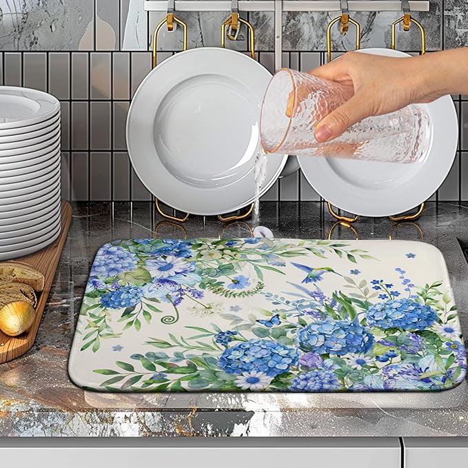 Blue Hydrangea Dish Drying Mat for Kitchen Counter 16 x 18 Inch Spring Floral - Image 5