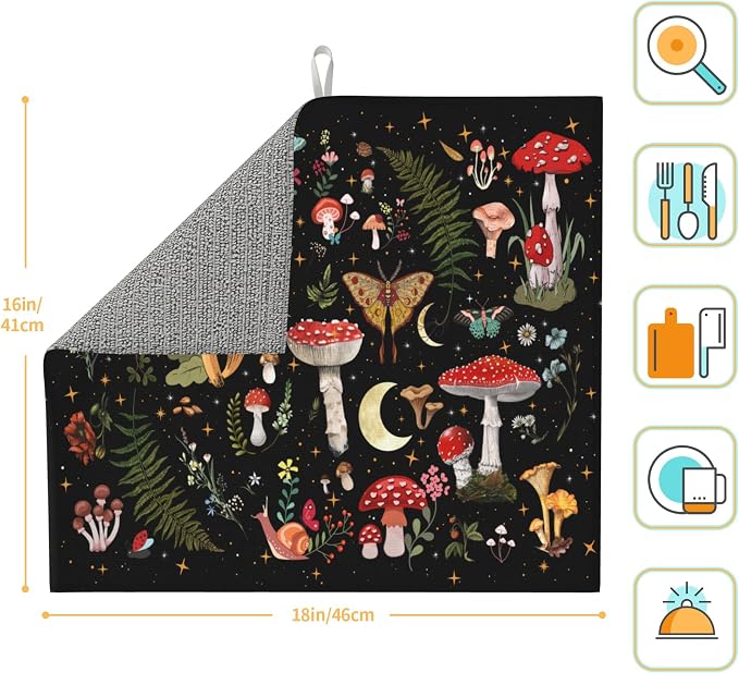 Mushroom Dish Drying Mat for Kitchen Counter Moth Gothic Witchy Dish Drainer - Image 4
