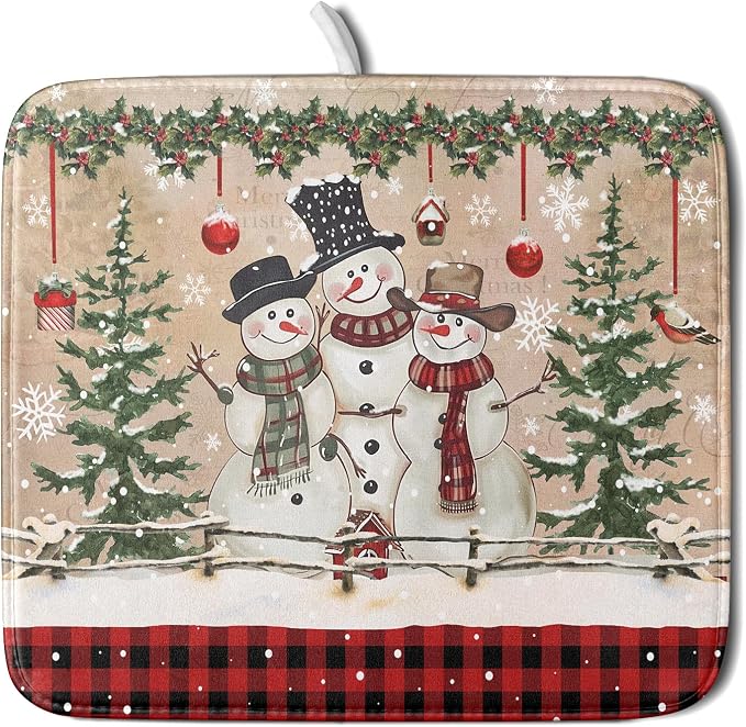 Winter Snowman Dish Drying Mat 16x18 Inch Red Buffalo Plaid Holiday Dish by Giwawa
