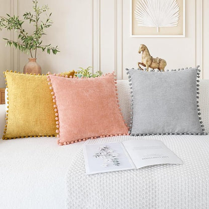 CaliTime Throw Pillow Covers Decorative 20 X 12 Inches Pack of 2 Cozy Solid Dyed Soft Chenille Cushion Cases with Pom Poms for Couch Sofa Bed Living Room Home Dusty Pink