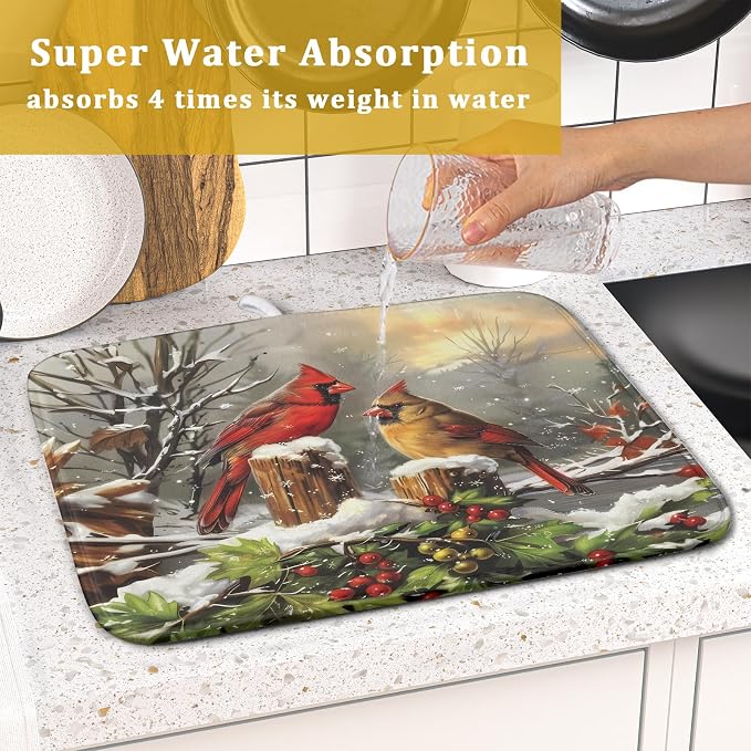 Winter Dish Drying Mat for Kitchen Counter 16x18 Inch Red Birds Cardinal Tree - Image 7