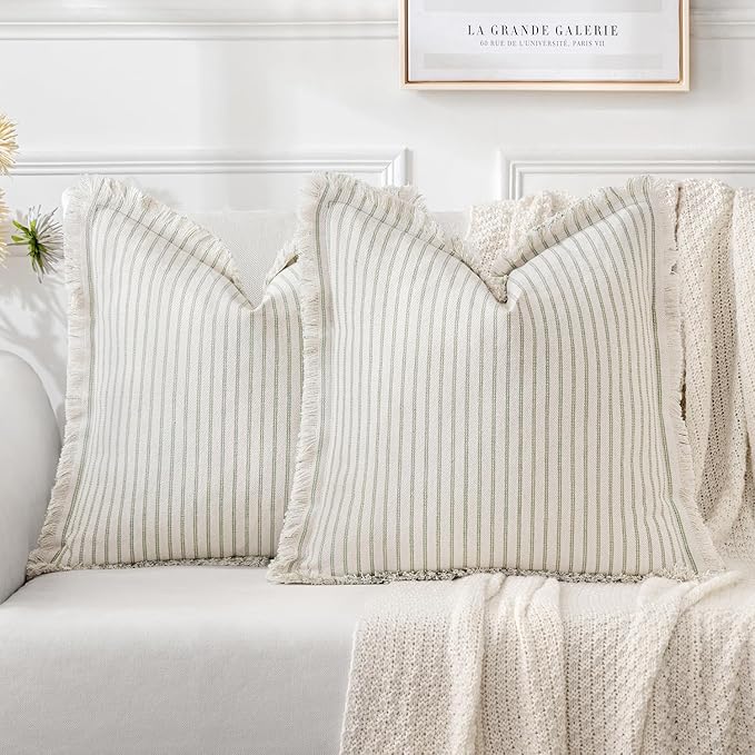 MIULEE Pack of 2 Sage Green Pillow Covers 26x26 Inch Striped Farmhouse Couch Throw Pillow Covers with Fringe Chic Linen Decorative Cushion Eruo Sham for Sofa Living Room Bed Outdoor Home Decor