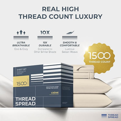 THREAD SPREAD 100% Egyptian Cotton Sheets Queen Size - 1500 Thread Count 4 PC Queen Sheet Set Egyptian Cotton, Sateen Weave Luxury Sheets Queen Size, High Thread Count Sheets, 17" Deep Pocket - Beige