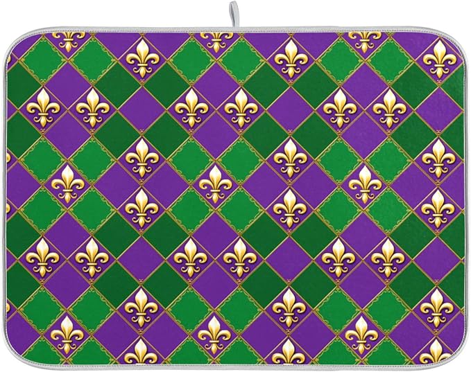 Happy Mardi Gras Purple Green Dish Drying Mat by Wamika