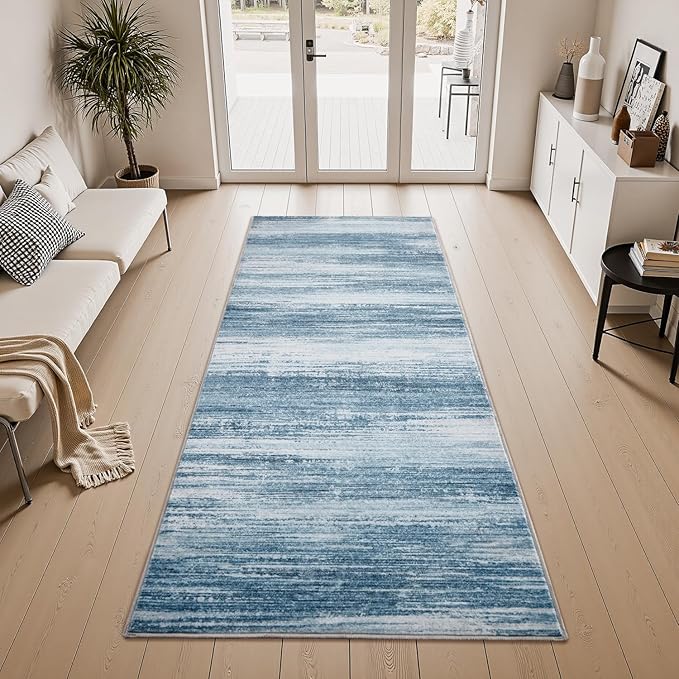 PADOOR Modern Abstract Runner Rug - 2x8 Washable Hallway Rugs, Ultra Soft Non-Slip Low Pile Floor Rugs for Hallway Entryway Kitchen Bedroom Bedside Laundry Room Blue