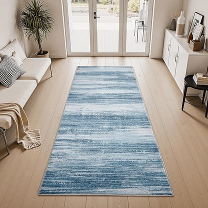 PADOOR Modern Abstract Runner Rug - 2x8 Washable Hallway Rugs, Ultra Soft Non-Slip Low Pile Floor Rugs for Hallway Entryway Kitchen Bedroom Bedside Laundry Room Blue