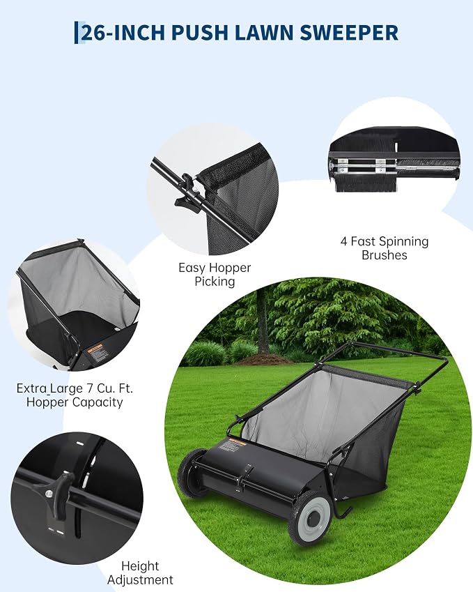 26-Inch Push Lawn Sweeper, 7 Cu. Ft. Hopper Capacity Leaf & Grass Collector - Image 6