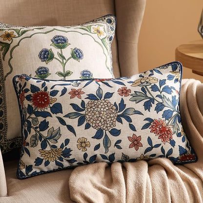 patdrea Designer Throw Pillow Covers,Euro Elegant Linen with Colorful Blooming Floral Pattern Pillow Cover,Decorative Lumbar Pillowcases Cushion for Bed Living Room Outdoor Car,12"x20"