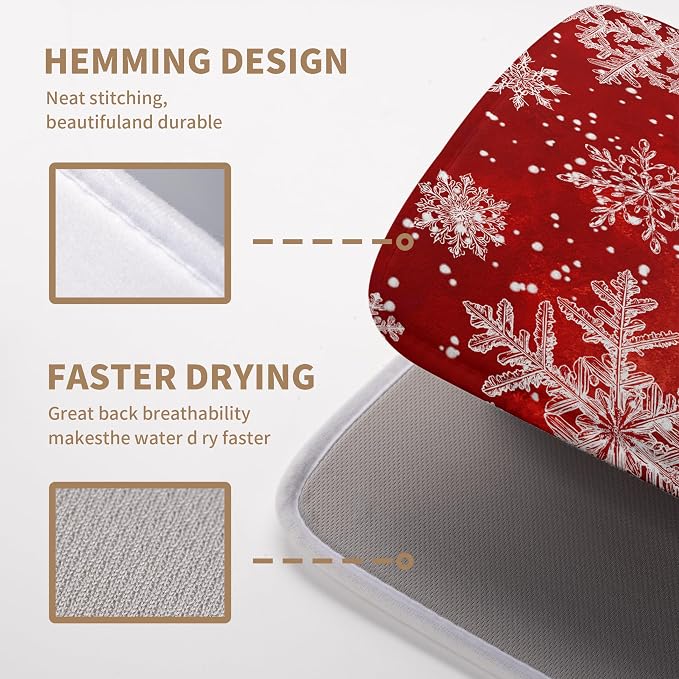 Christmas Dish Drying Mat for Kitchen Counter 18x24 Inch Red Snowflake Xmas - Image 4