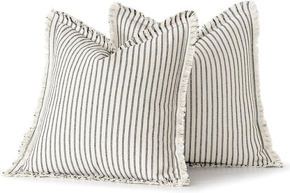 MIULEE Pack of 2 Black Pillow Covers 24x24 Inch Striped Farmhouse Couch Throw Pillow Covers with Fringe Chic Linen Decorative Cushion Eruo Sham for Sofa Living Room Bed Outdoor Home Decor