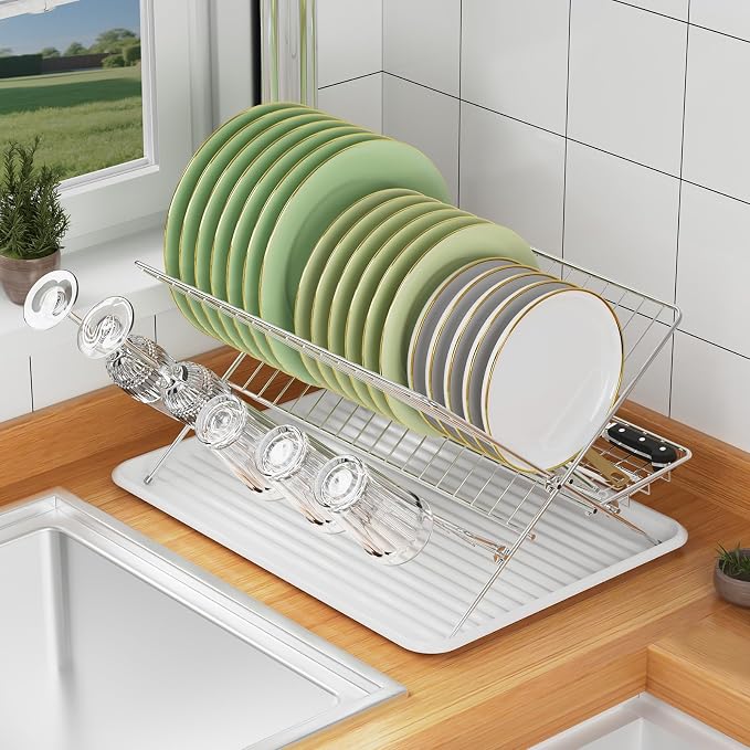 Dish Rack with Drip Tray, Stainless Steel 3-Tier Collapsible Drainer Dish by TABABAO