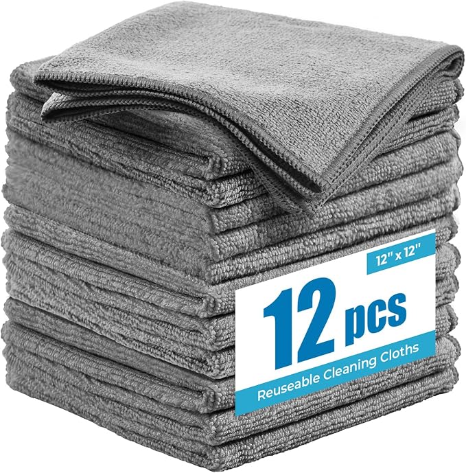 Microfiber Cleaning Cloth 12"X12" 12 Pack Grey Lint Free Microfiber Towels by Tekswip