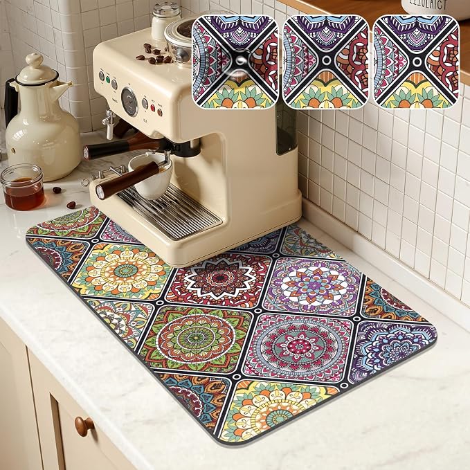 Yamaziot Boho Coffee Mat 12"x20", Floral Dish Drying Mat by Yamaziot
