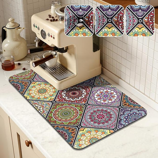 Yamaziot Boho Coffee Mat 12"x20", Floral Dish Drying Mat by Yamaziot