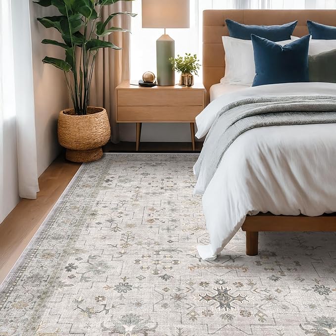Boho Light Grey 5x8 Living Room Rug - Modern Vintage Eclectic Floral Pastel Neutral Taupe, Washable Low Pile Non-Slip Large Area Rugs for Nursery Dining Under Table Bedroom Lounge