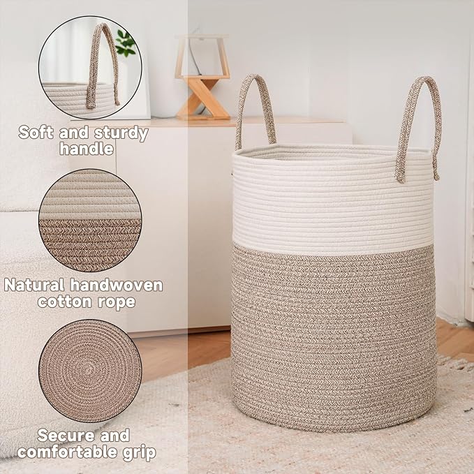 Large Woven Laundry Basket Hamper, 100L Cotton Rope Storage Bin - Image 6