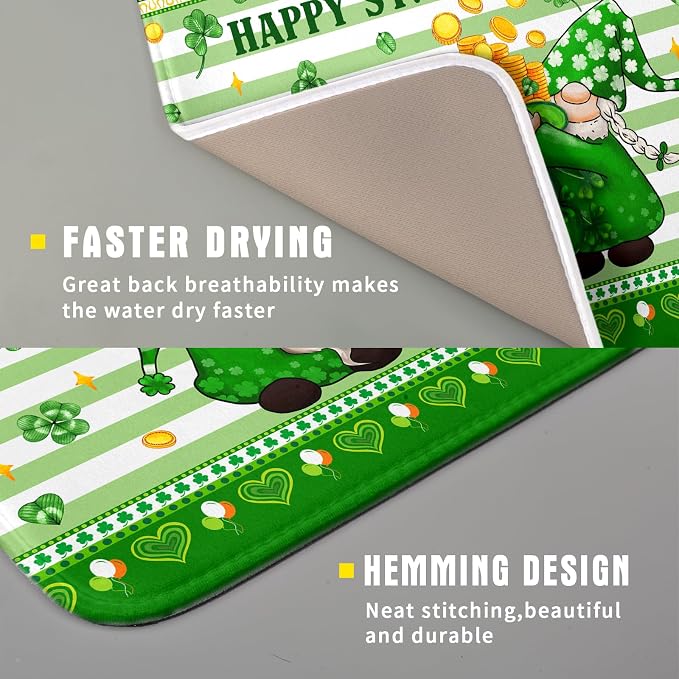 Shamrock Gnome Dish Drying Mat Coin Clover Dishes Fast Dry Mat 16x18 inch - Image 3