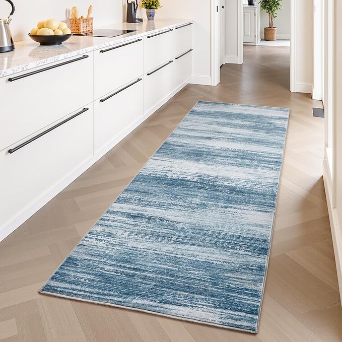 PADOOR Modern Abstract Runner Rug - 2x8 Washable Hallway Rugs, Ultra Soft Non-Slip Low Pile Floor Rugs for Hallway Entryway Kitchen Bedroom Bedside Laundry Room Blue
