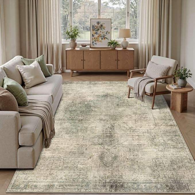Vintage 5x7 Area Rug, Washable Green Rugs - Image 2