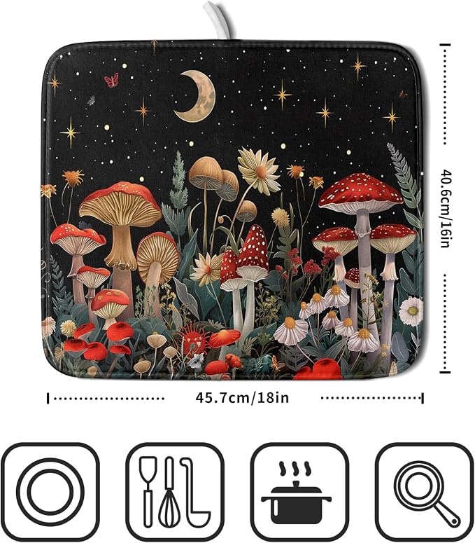 Black Mushroom Dish Drying Mat for Kitchen Counter Leaves Botanical Microfiber - Image 2